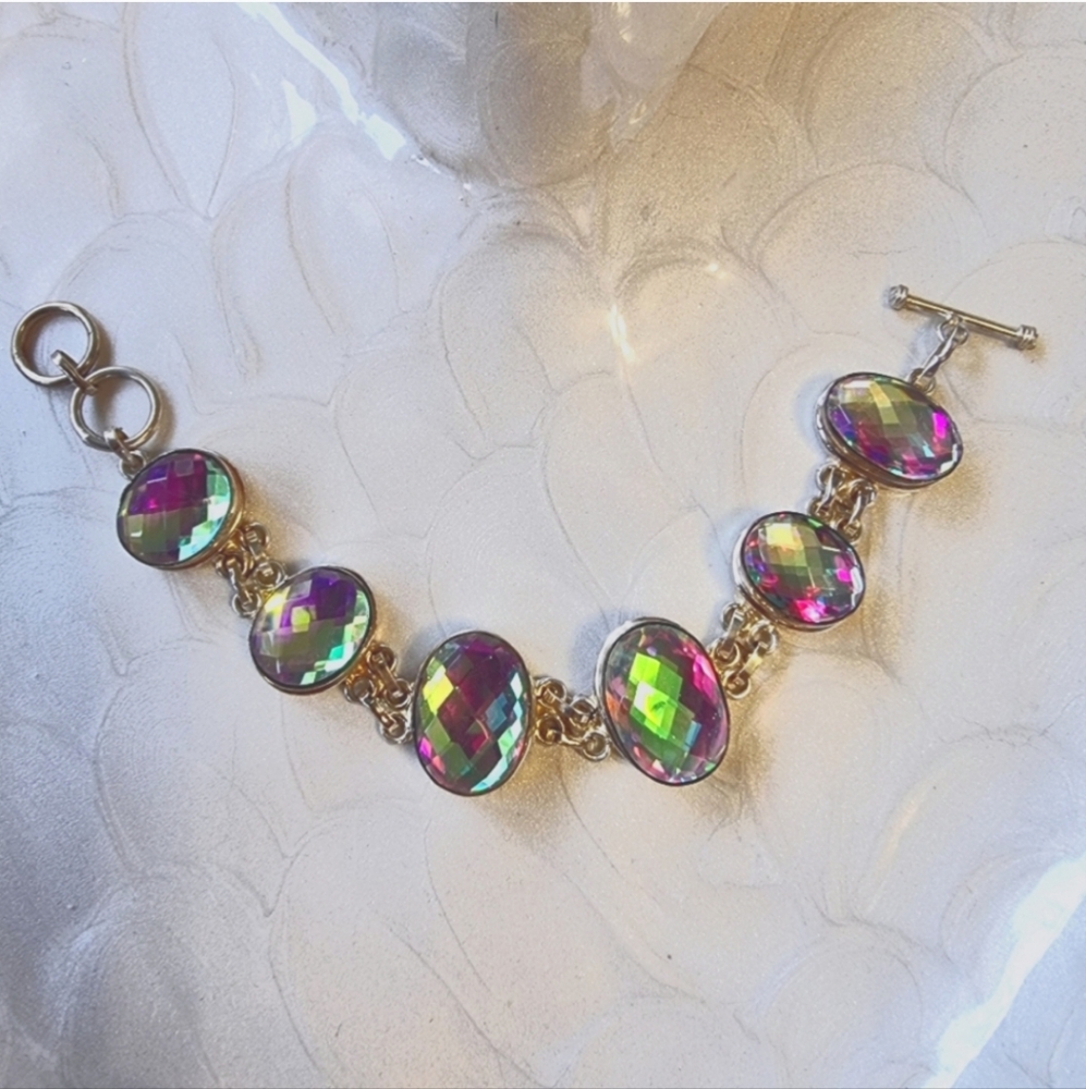 Vintage Mystic Topaz Iridescent Gemstone Sterling Silver Bracelet